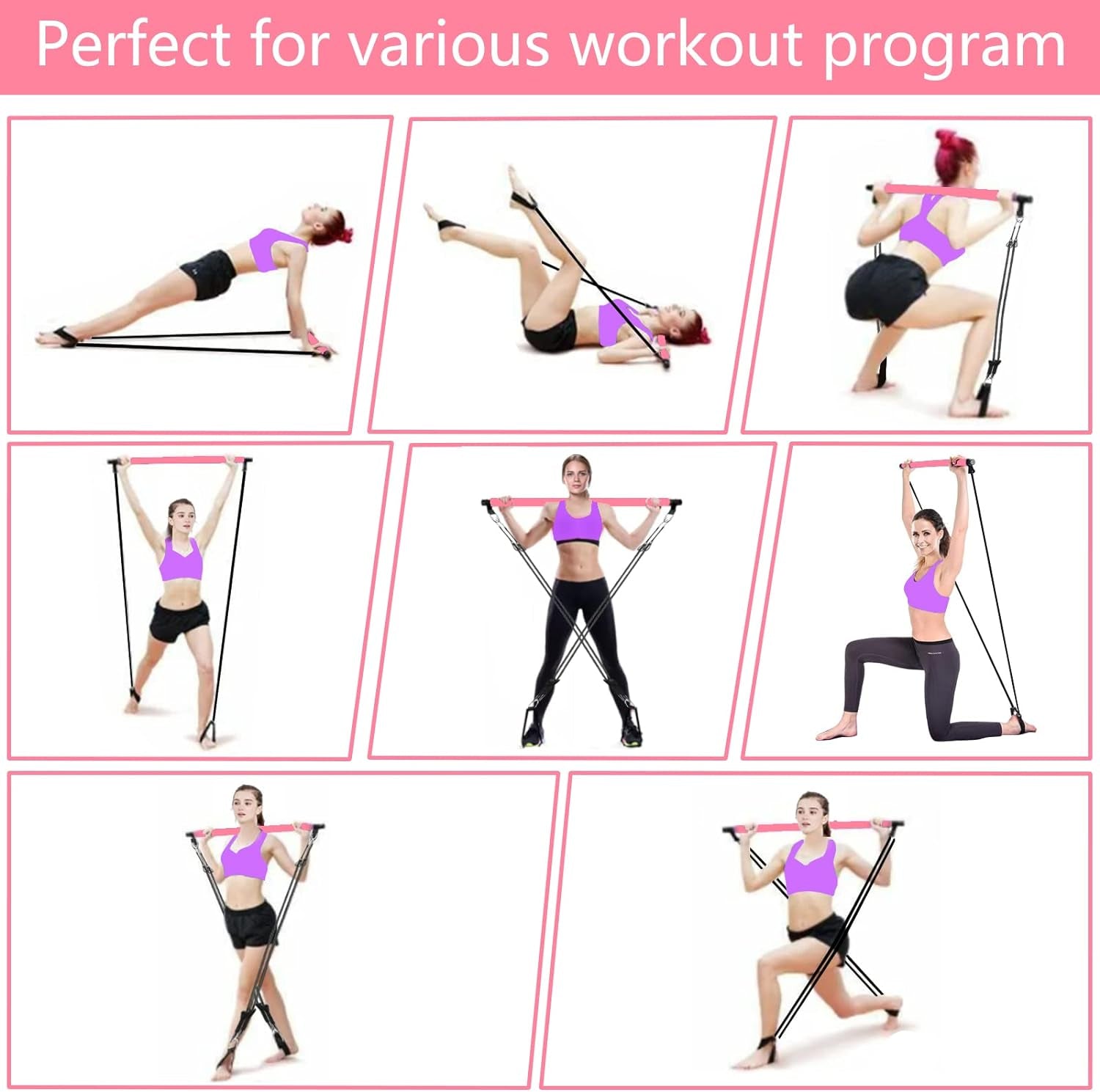 Pilates Bar Kit with 4 Strong Resistance Bands, Upgraded 3-Section Yoga Strengthened Adjustable Resistance Band Bar with Foot Straps, Exercise Fitness Workout Equipment for Leg Butt Full Body Shaping